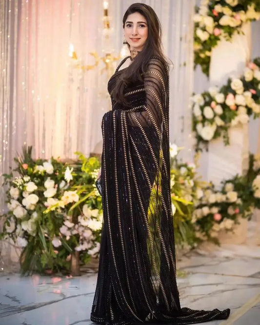 Maryam Nafees Black Chiffon Saree