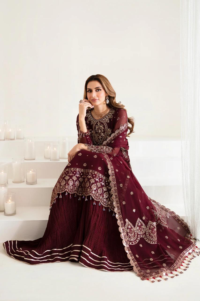 Alizeh Chiffon Maroon Gharara Replica